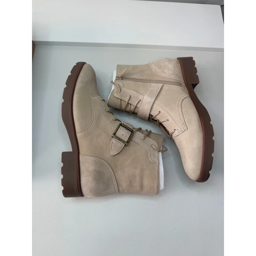 Vionic Catina Suede Lucid Beige Combat Boots Side Zip Women Size 9‎ NWB